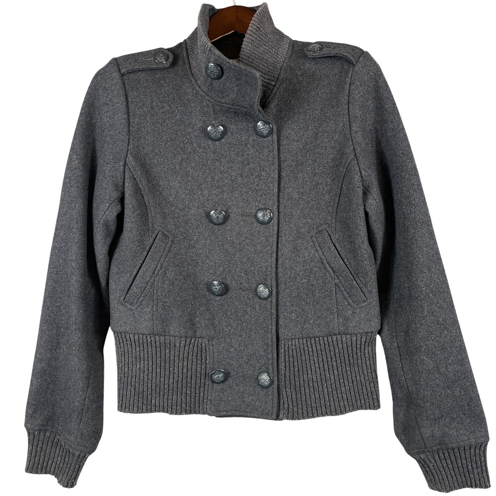GUESS Jeans Womens L Wool Blend Military Jacket Gray Double Breasted Peacoat